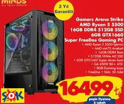 GAMERS ARENA STRİKE AMD RYZEN 5 5500 16GB DDR4 512GB SSD 6GB GTX1660 SUPER FREEDOS GAMİNG PC/OYUN BİLGİSAYARI